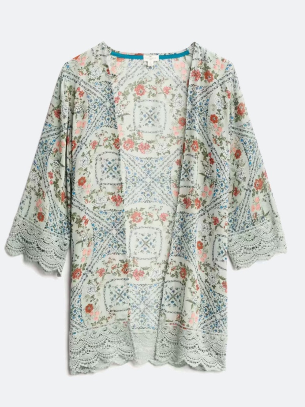 Mason and Belle Chiffon Light Green Floral Lace-Trim Kimono Cardigan. XL
